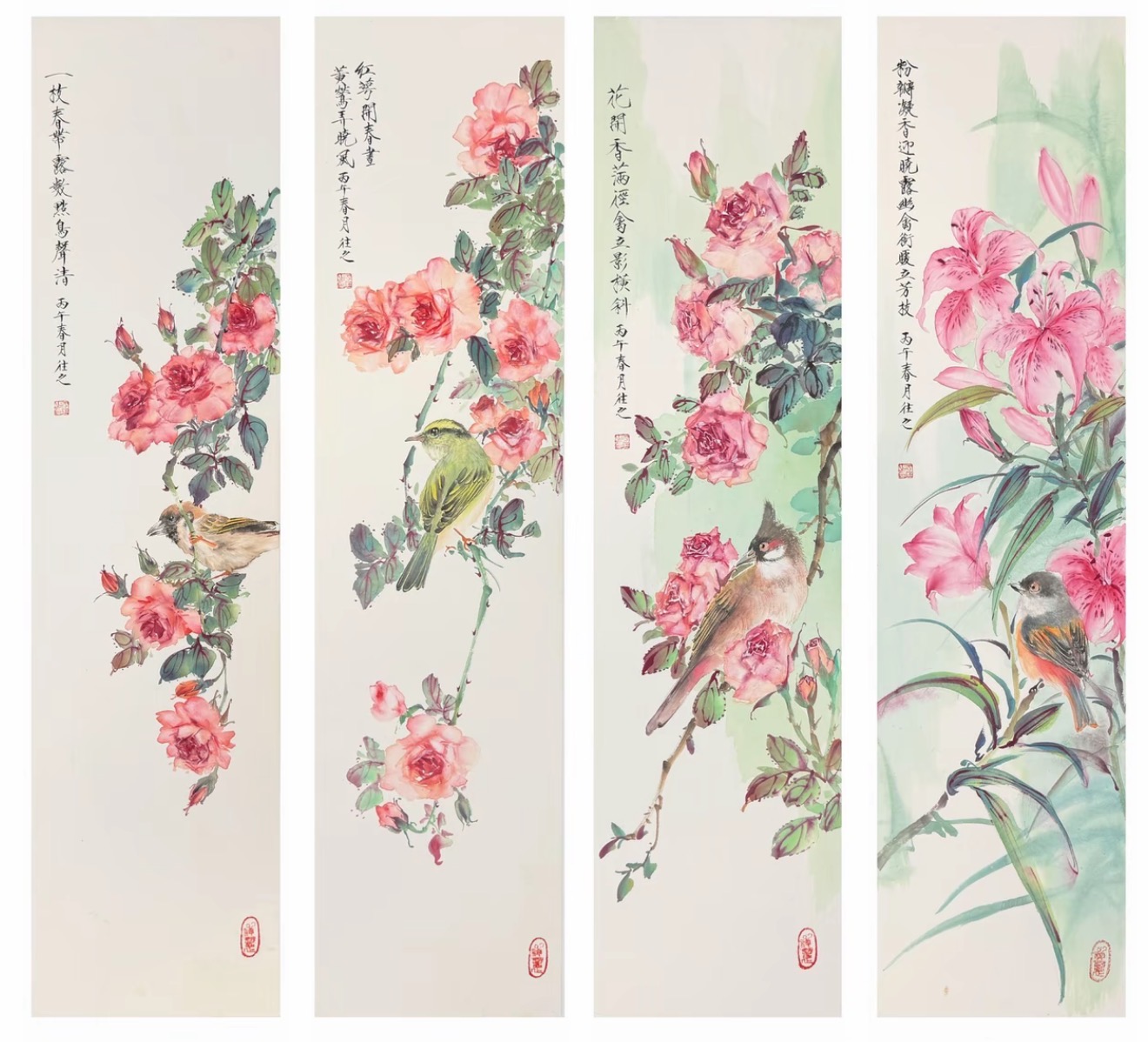 小写意花鸟四条屏